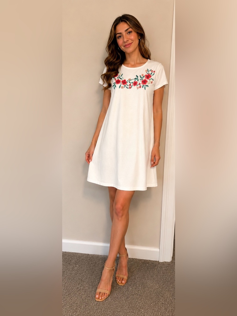 Mango White Short-Sleeve Dress with Pink Floral Embroidery